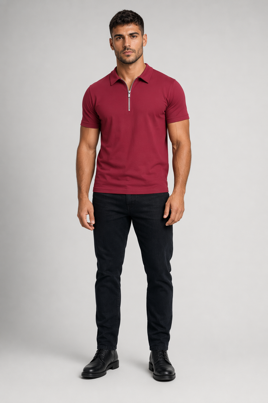 Zipper Polo Shirt for Men with Short Sleeves Red
