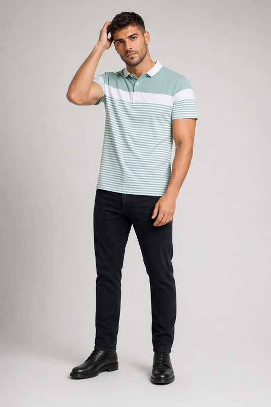 Striped Polo Shirt for Men with Short Sleeves Green