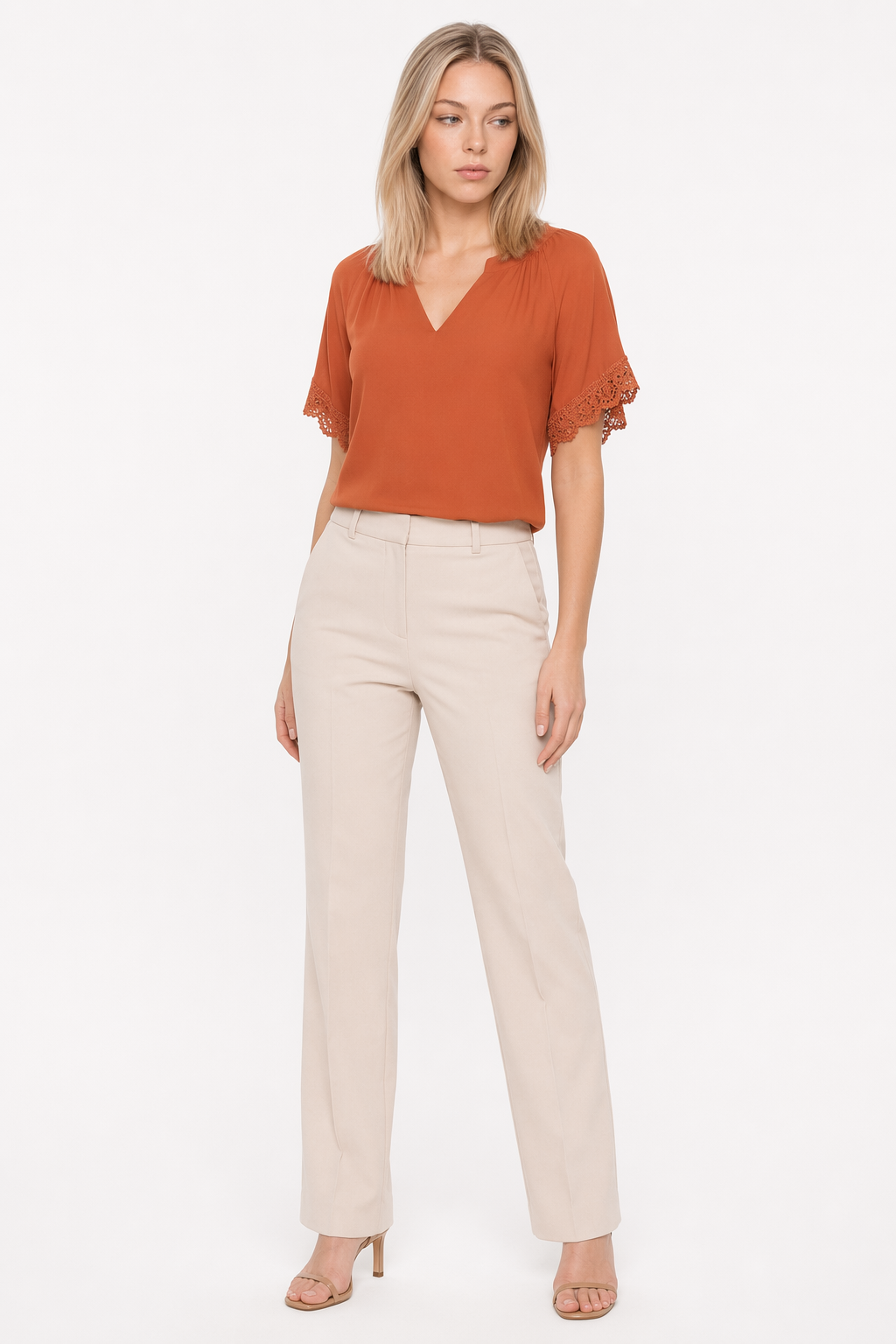 Ladies' V-Neck Tee with Delicate Lace Accents Burnt Orange