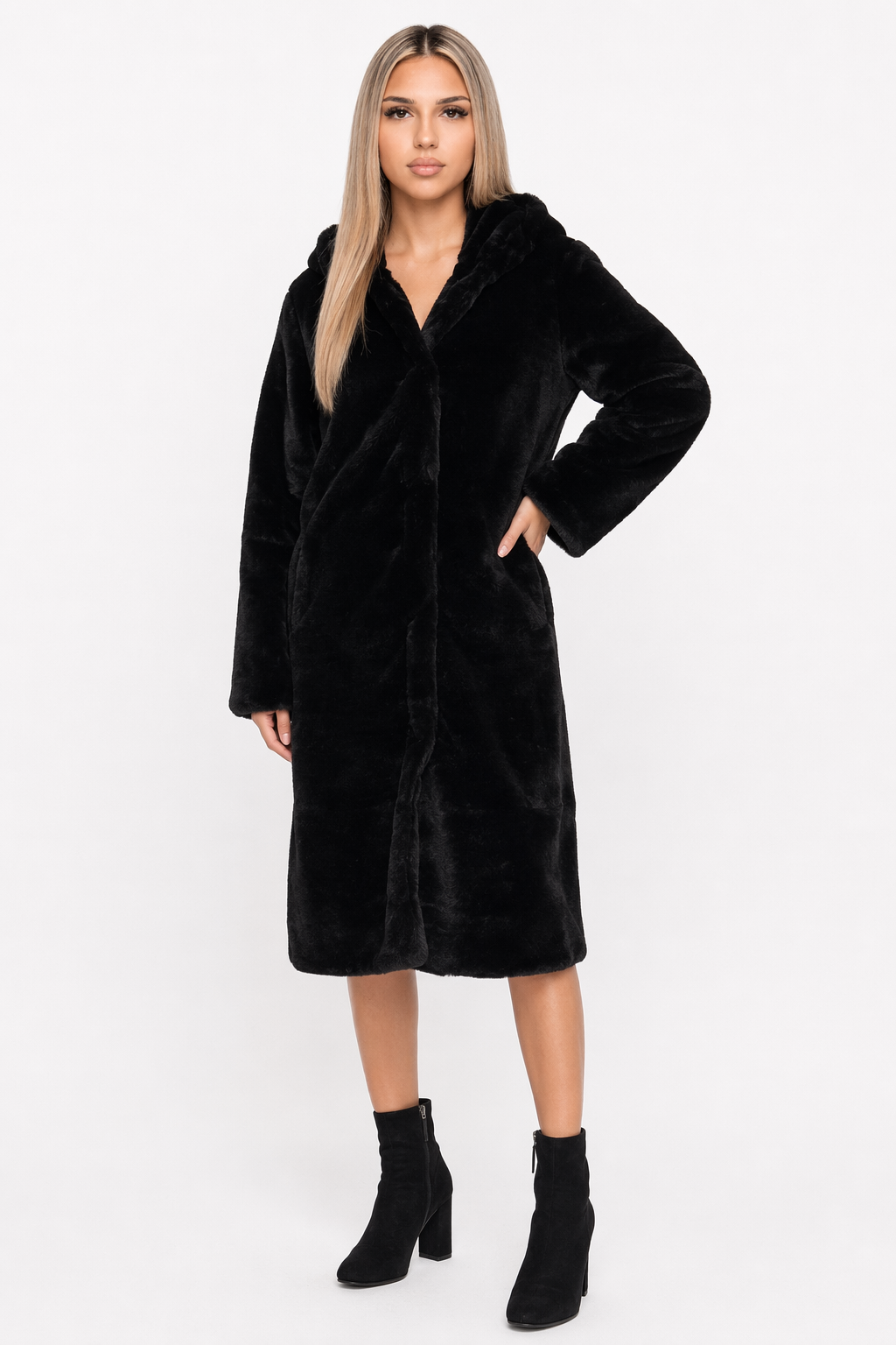 Faux Fur Coat for Women with Hood and Pockets Black