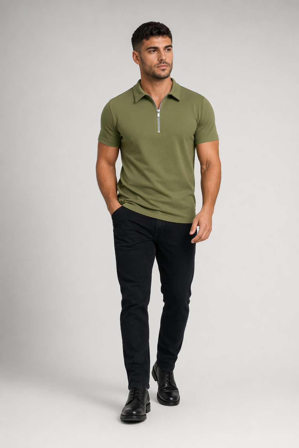 Zipper Polo Shirt for Men with Short Sleeves Army Green