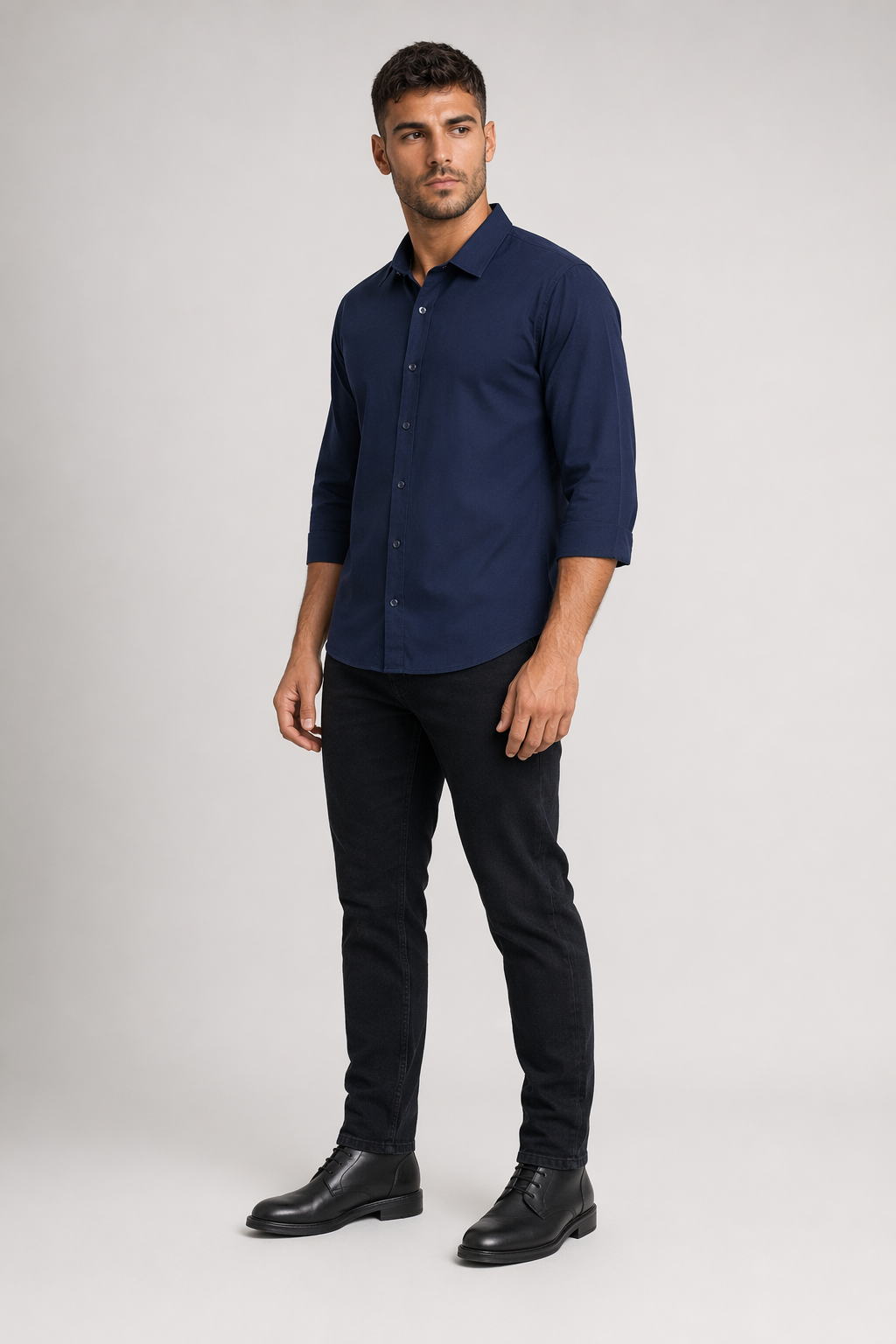 Button-Up Shirt for Men with Three-Quarter Sleeves Navy