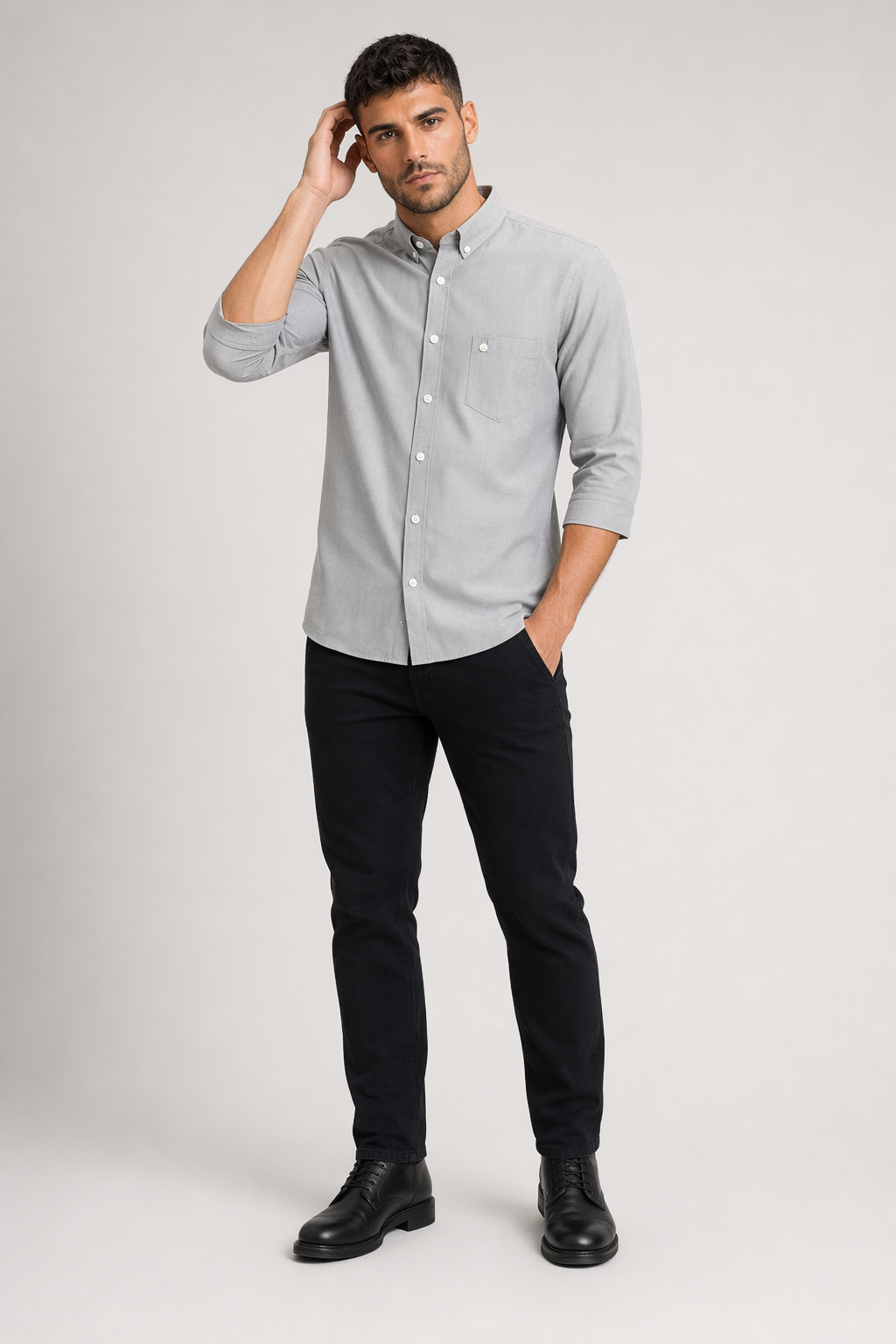 Men's Button-Down Shirt with Three-Quarter Sleeves Gray