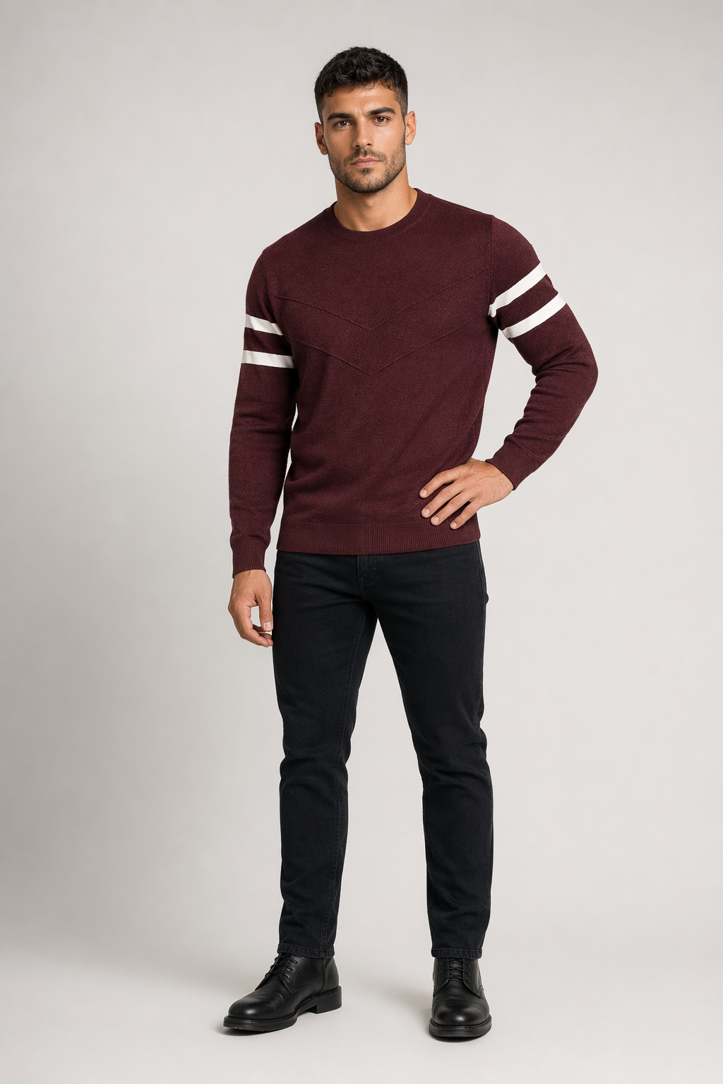 Slim Fit Men's Round Neck Pullover Sweater Wine