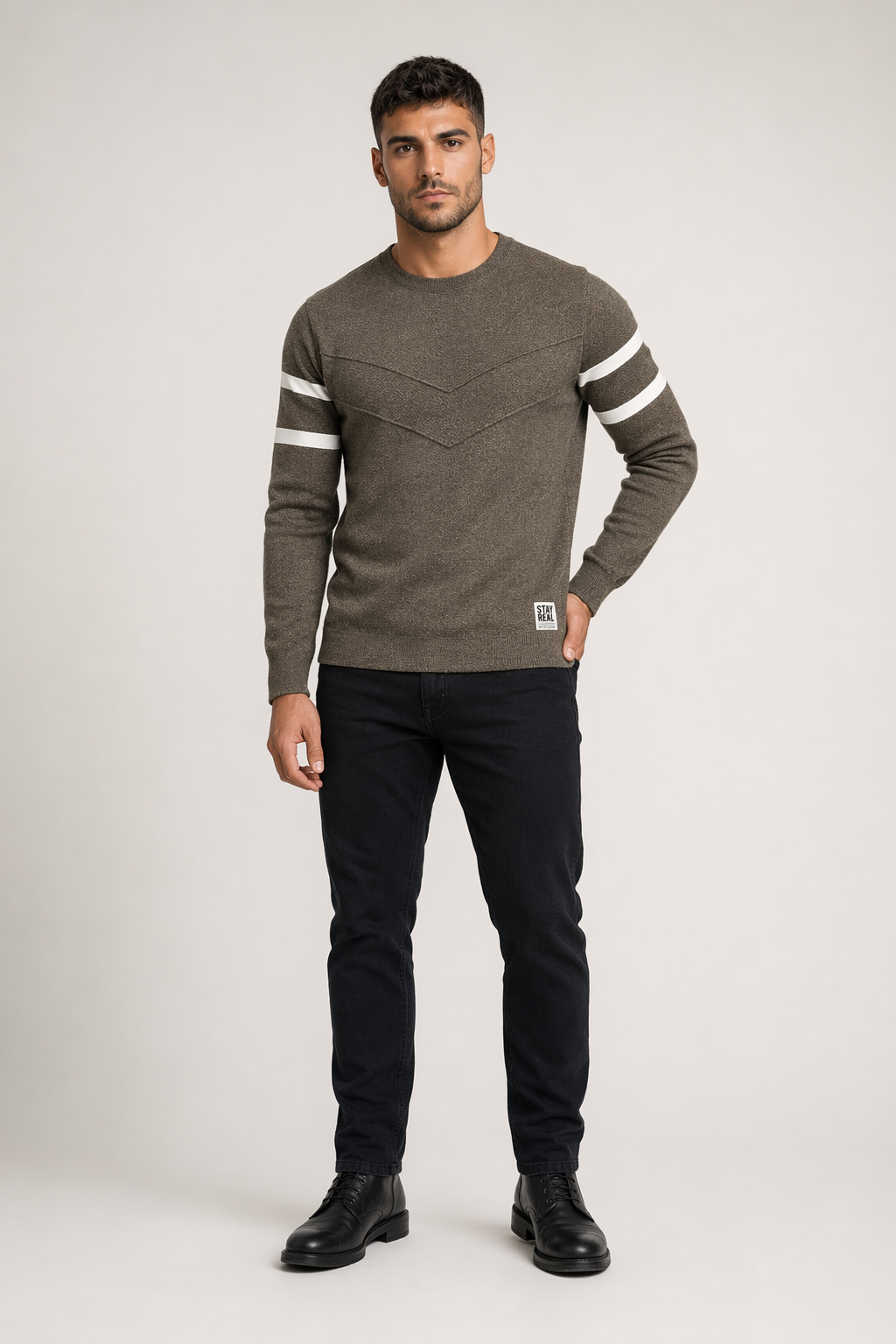 Slim Fit Men's Round Neck Pullover Sweater Khaki