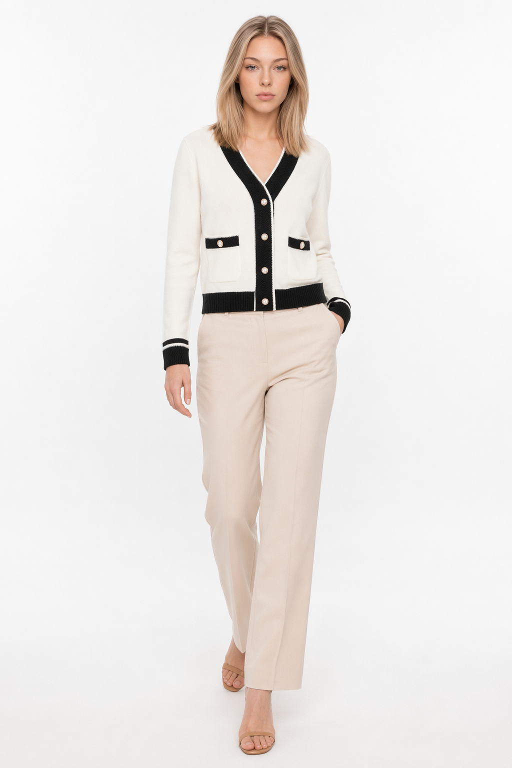 Women's V-Neck Contrast Sleeve Cardigan White