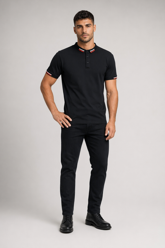 Short-Sleeved Polo Shirt for Men with Distinctive Collar Embellishments Black