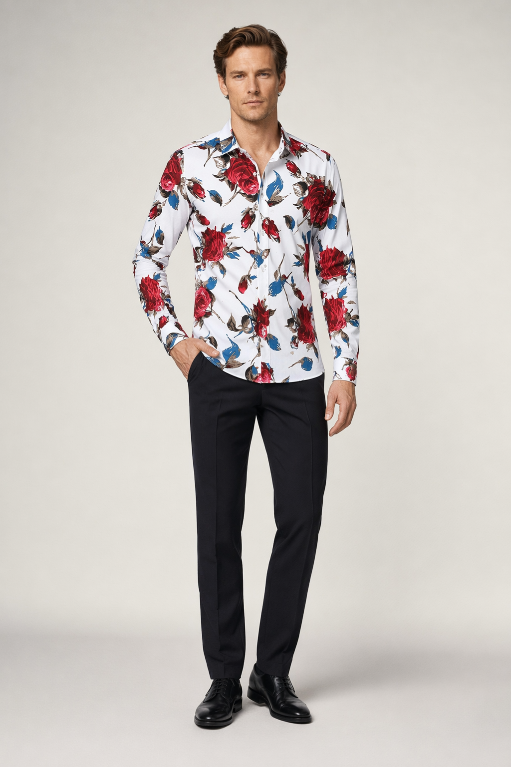Long Sleeve Red Floral Men's Shirt Default