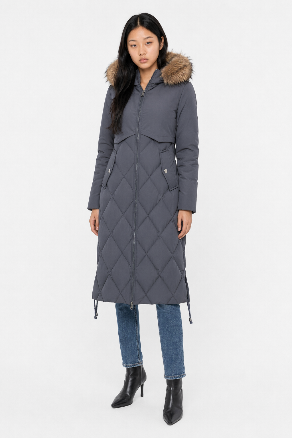 Long Coat for Women with a Hood Fur Trim and Zipper Closure Gray