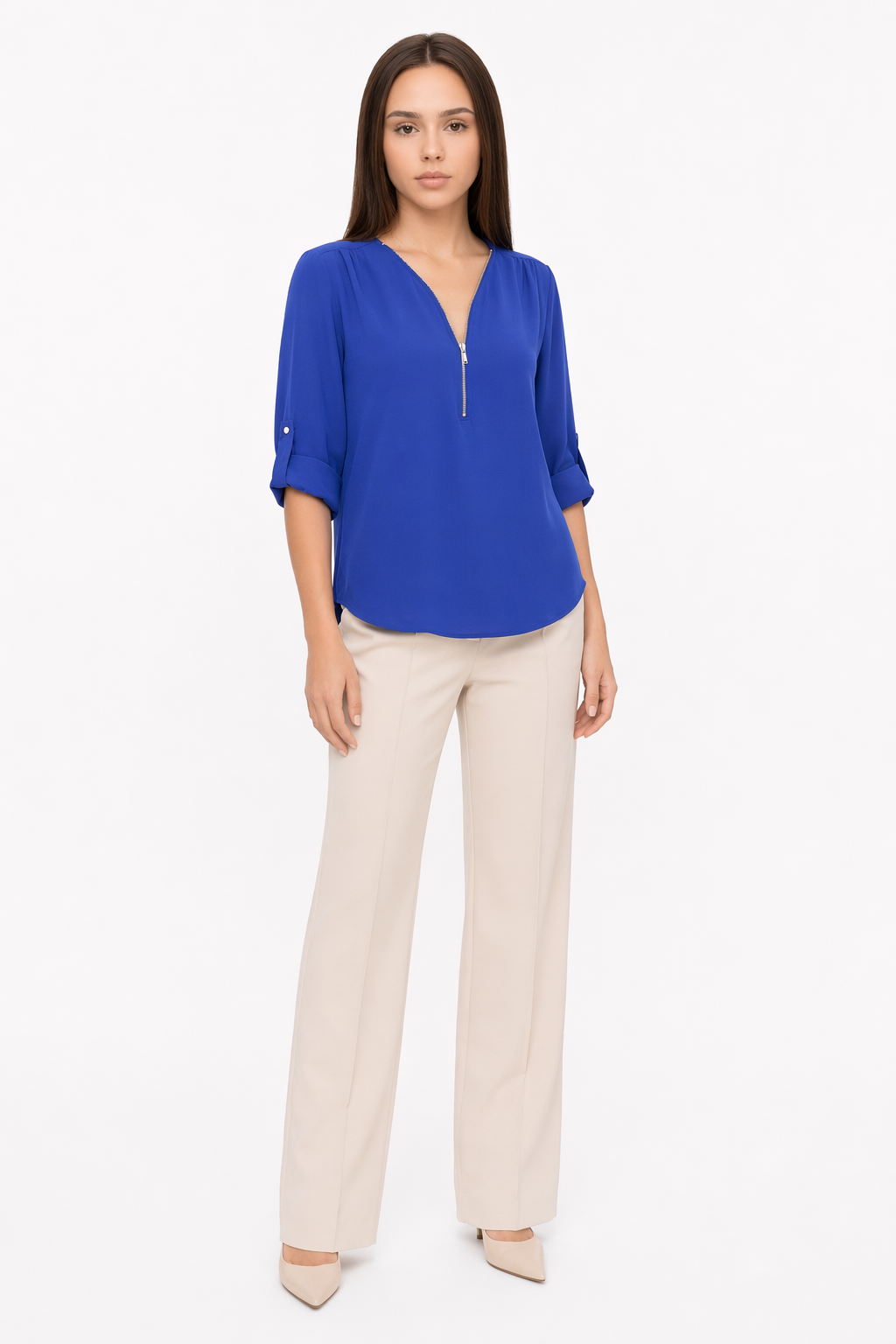 V Neck Blouse for Women with Trendy Urban Style Blue