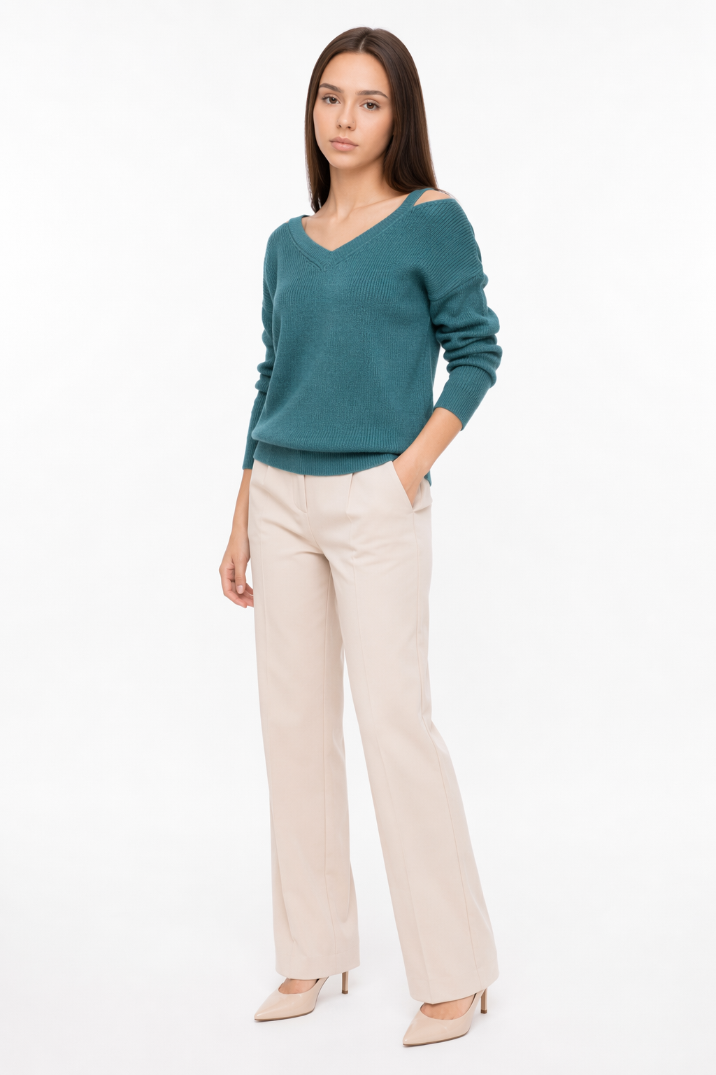 Cut V-Neck Sweater for Women Green