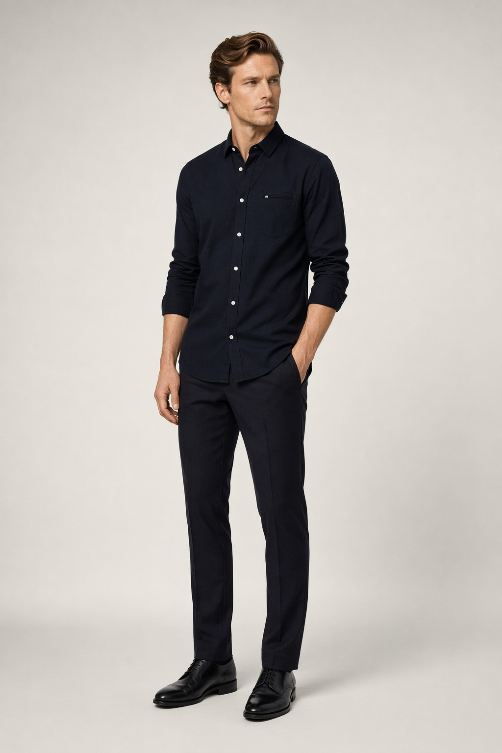 Casual Long Sleeve Button-Up Shirt for Men Navy