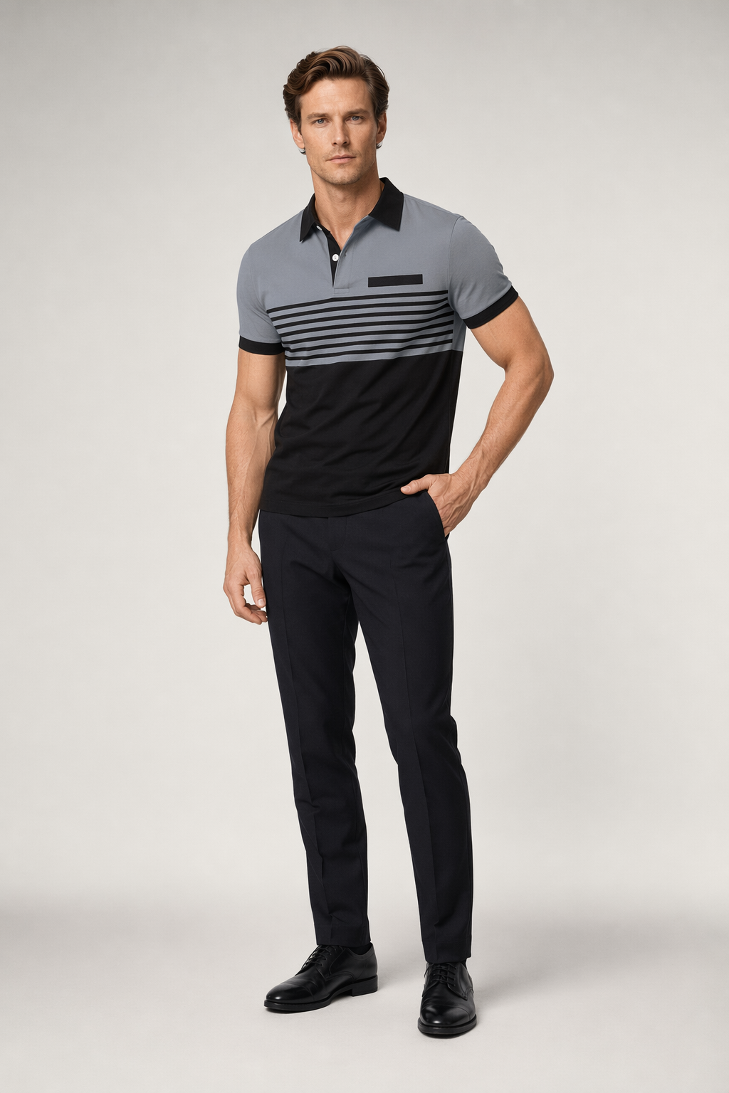 Short Sleeve Casual Polo Shirt with Striped Print for Men Grey