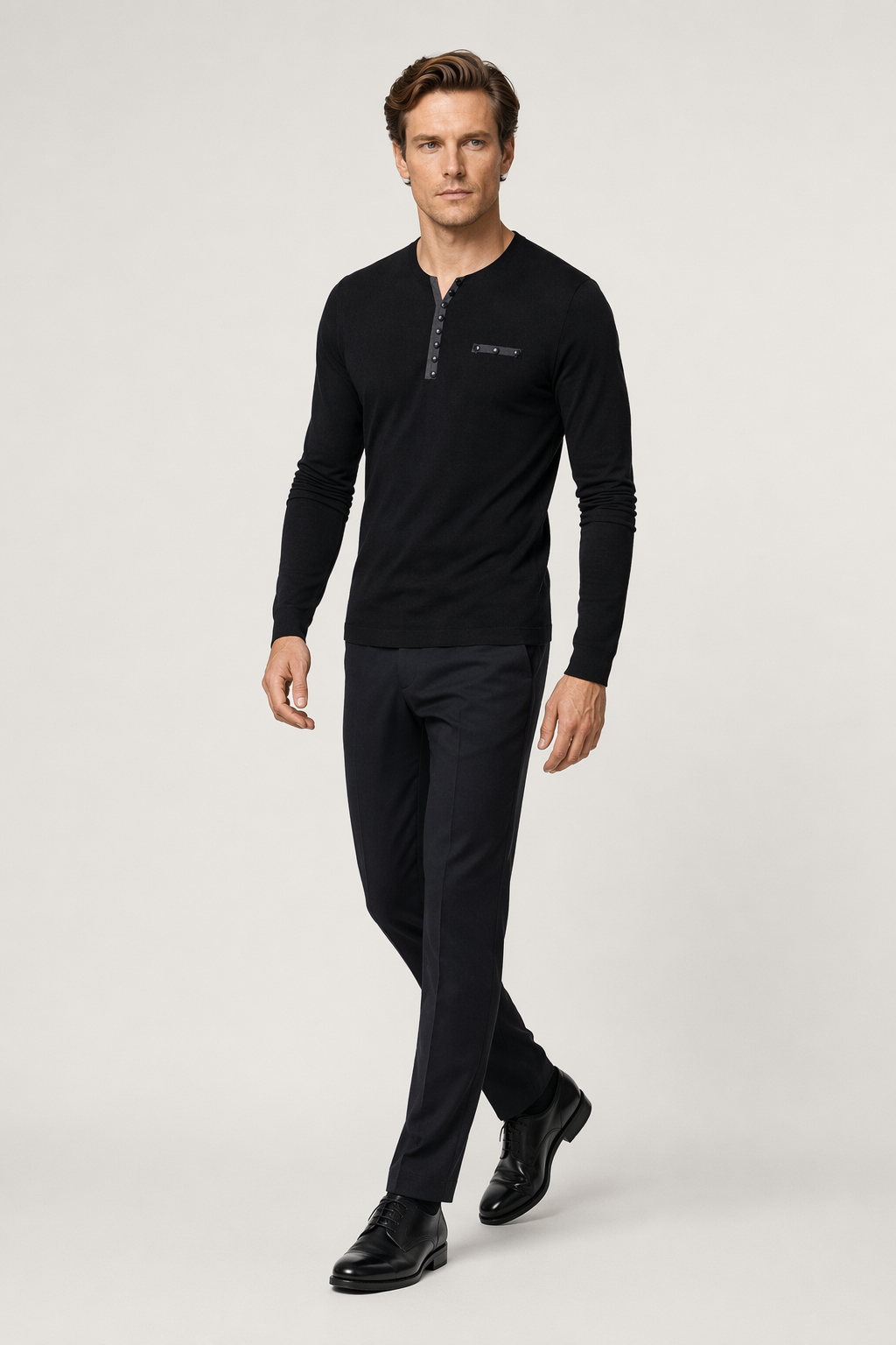 Buttons-Adorned Casual Men's Top Black