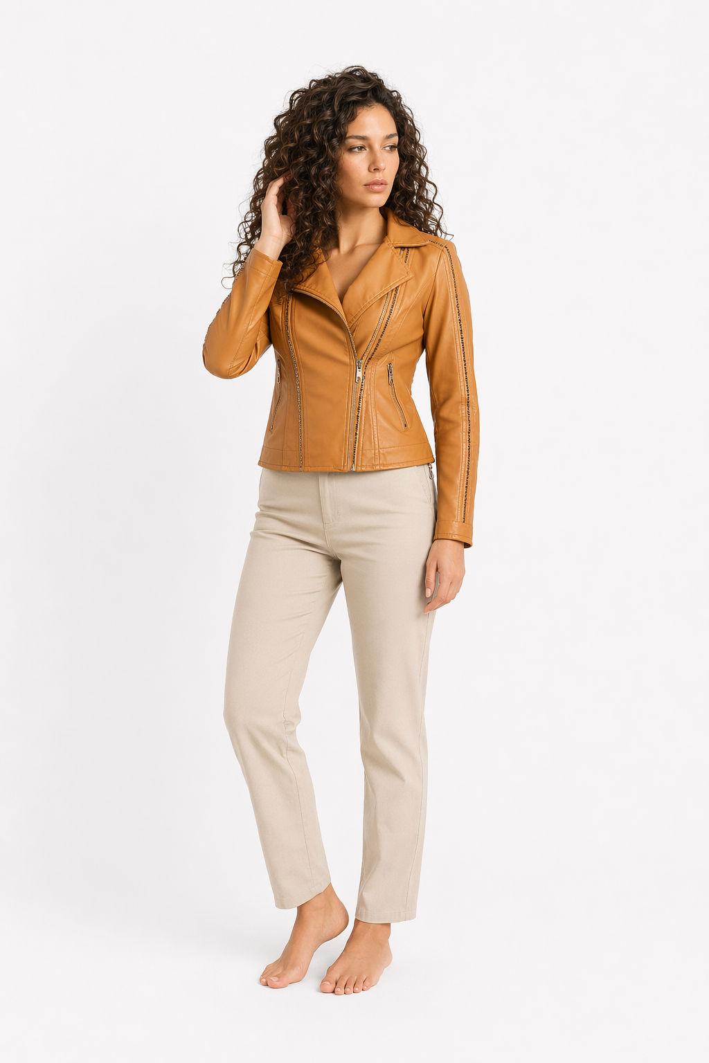 Vegan Biker Jacket with Stud Embellishments for Women Camel