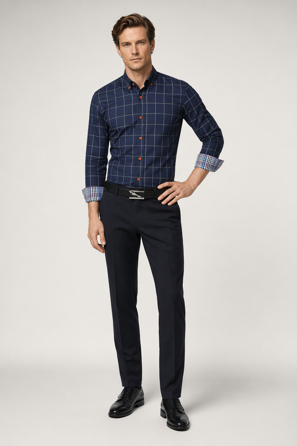 Long Sleeve Plaid Shirt for Men with Unique Inner Accents Navy