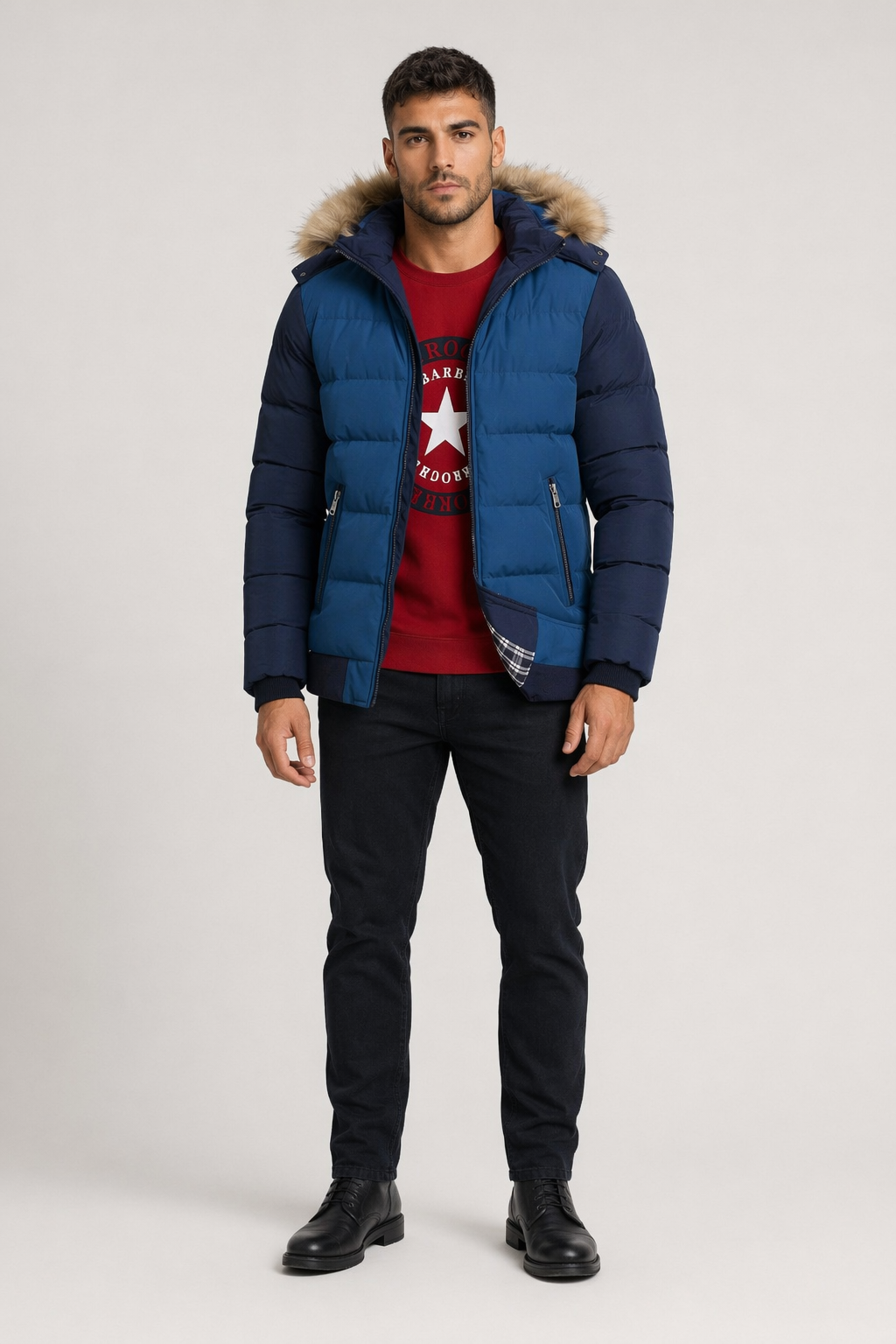 Removable Hooded Men's Two-Toned Quilted Jacket Blue