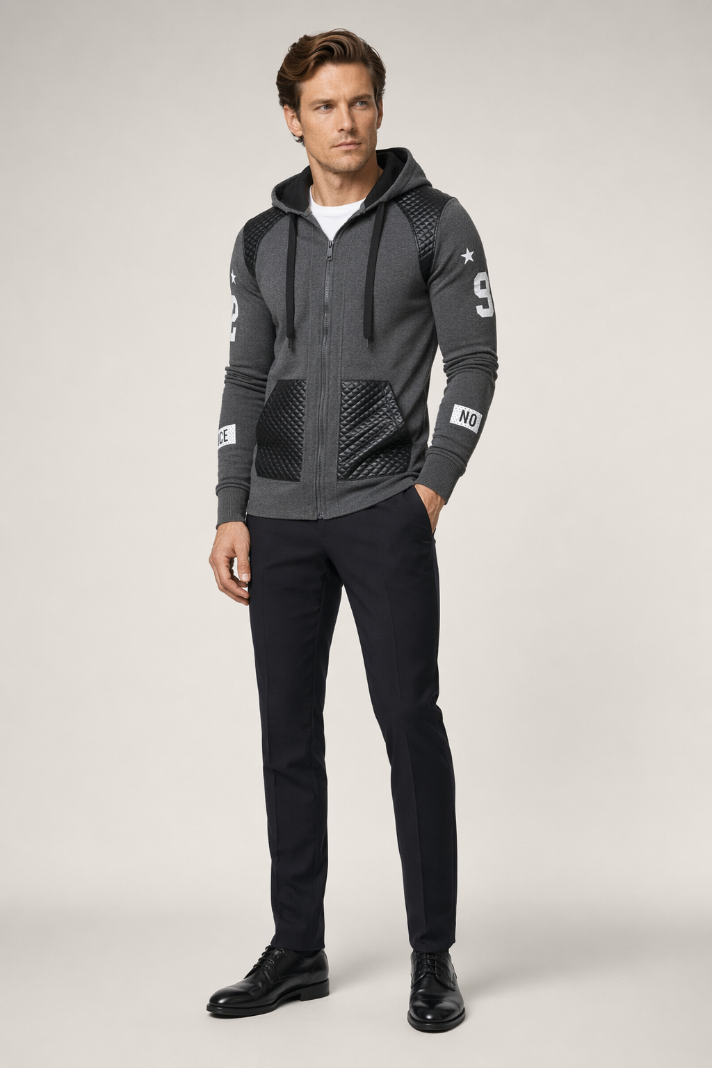 Streetwear-Inspired Hooded Biker Jacket for Men Gray