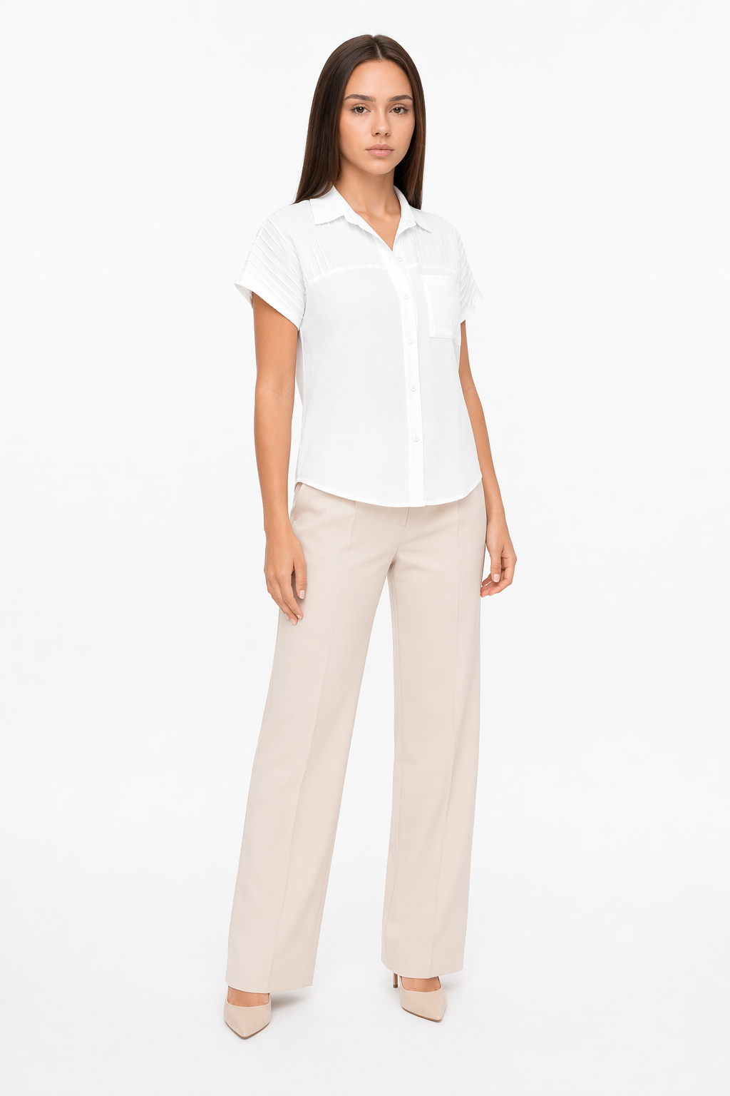 Short-Sleeved Pleated Blouse for Women White