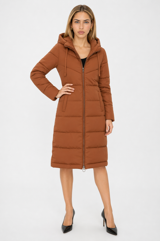 Brown Long Hooded Puffer Coat for Women with a Classic Look Default