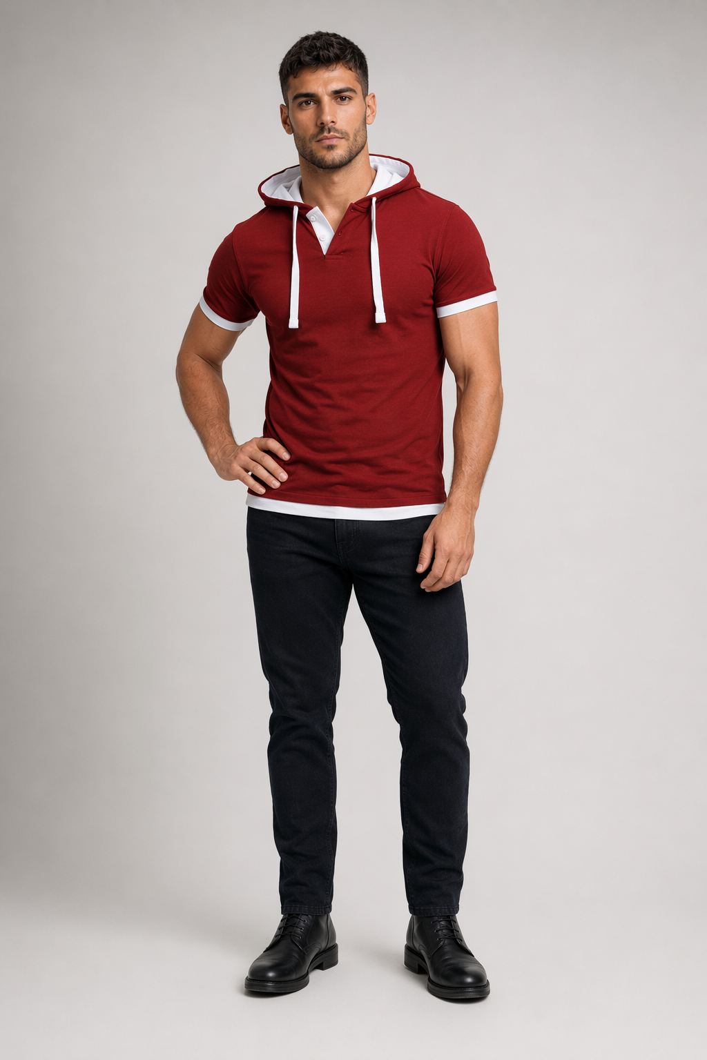 Short Sleeve Hooded Tee for Men Red