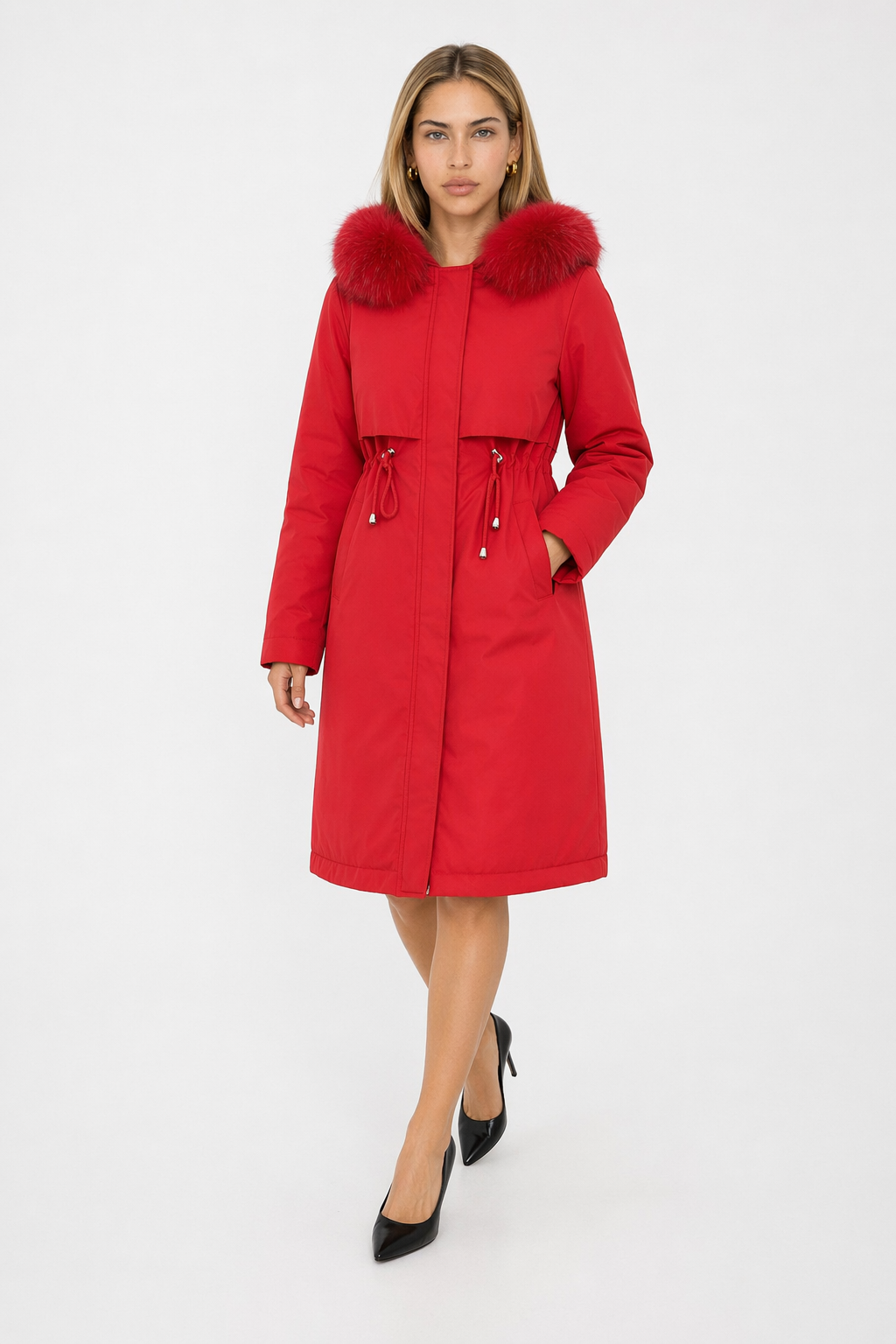 Detachable Faux Fur Lined Women's Long Coat with Hood Red