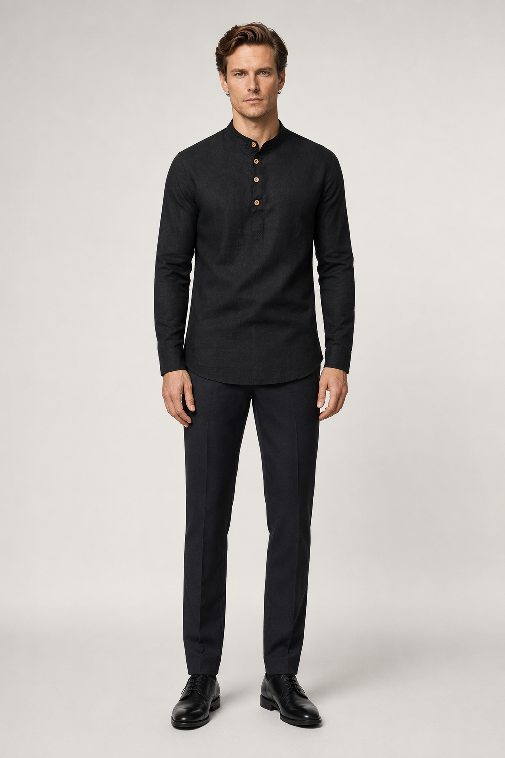 Linen Half-Button Round Neck Men's Shirt Black