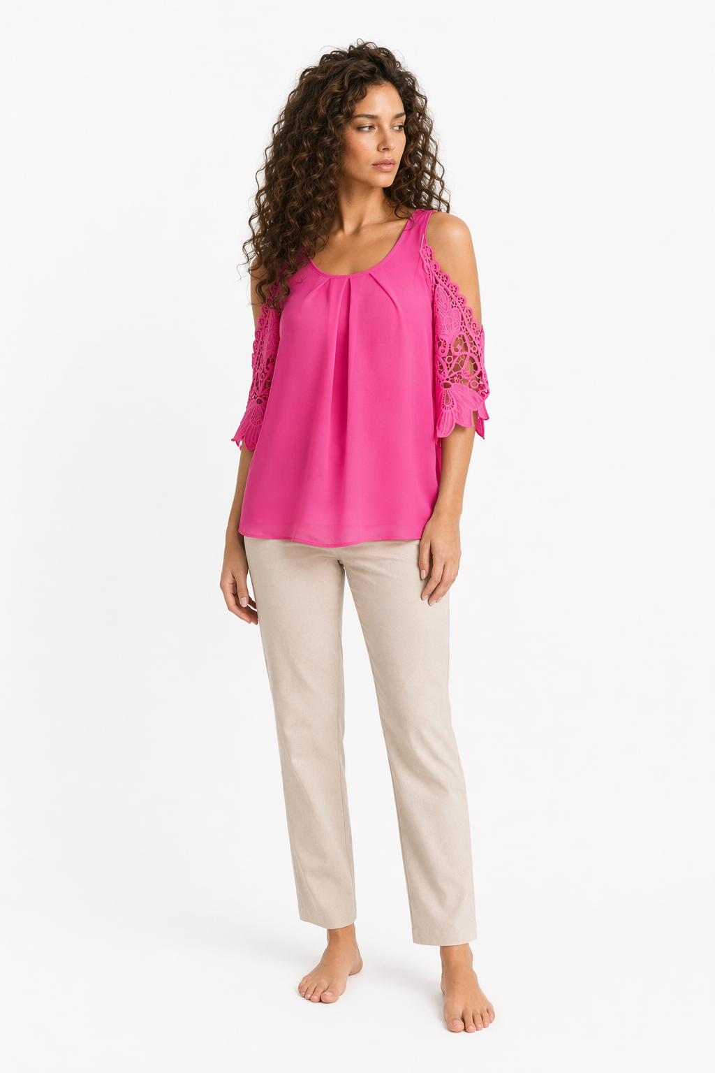 Cut-Out Shoulder Chiffon Blouse for Women Pink