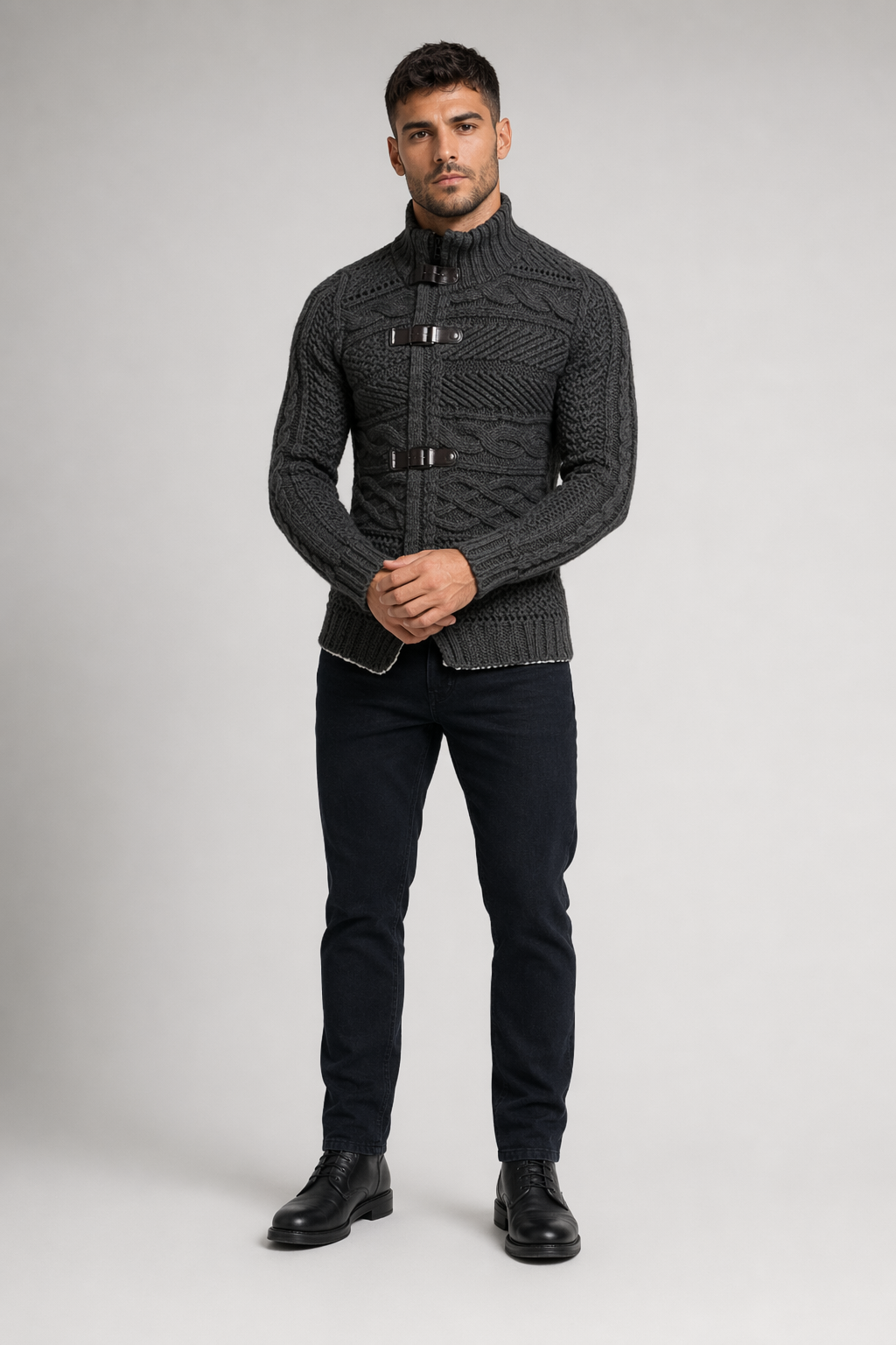Slim Fit High Collar Men's Cardigan Dark Gray
