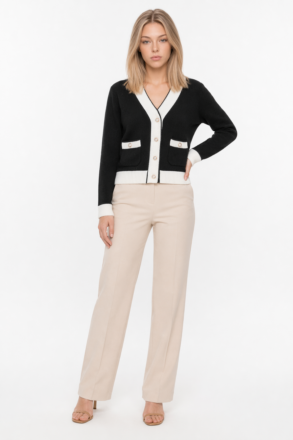 Women's V-Neck Contrast Sleeve Cardigan Black