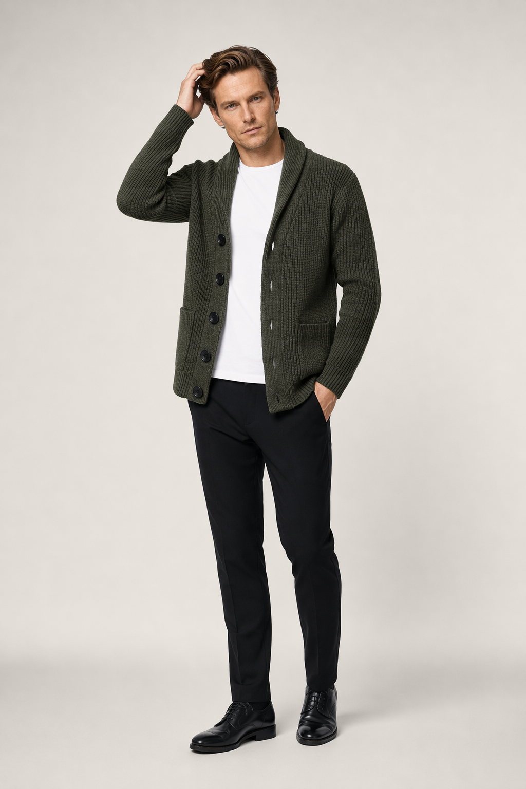 Chunky Knit Cardigan for Men with Shawl Neckline Dark Gray