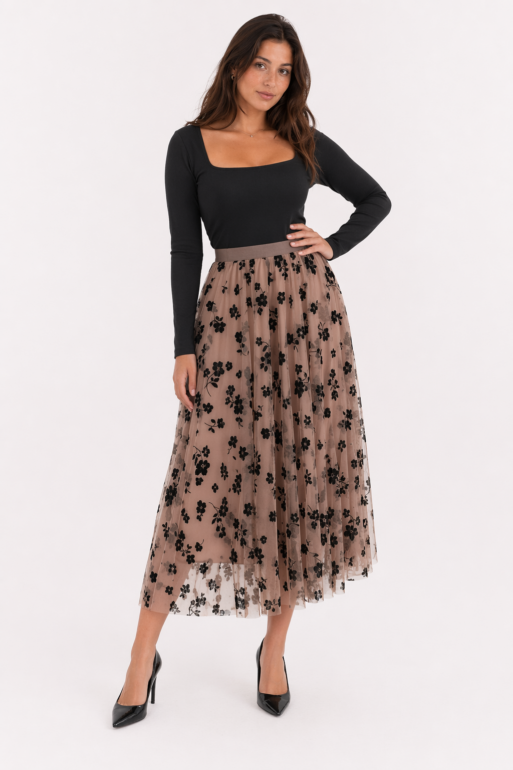 High Waisted Elastic Women's A-Line Skirt Brown