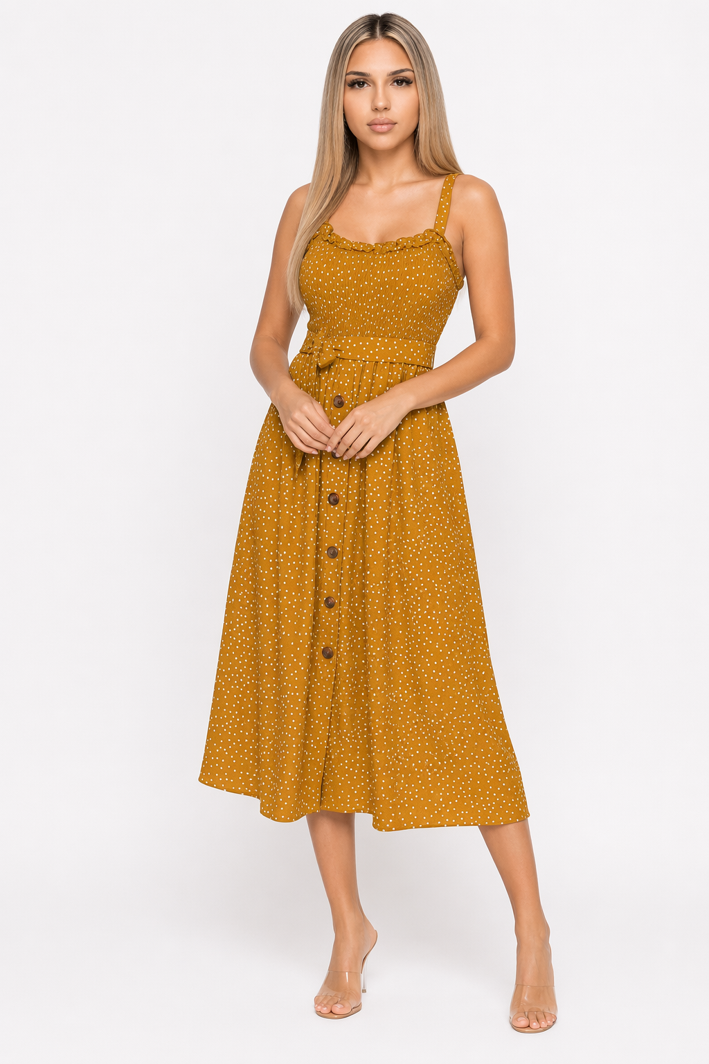 Polka Dot Maxi Dress for Women with Spaghetti Straps Yellow