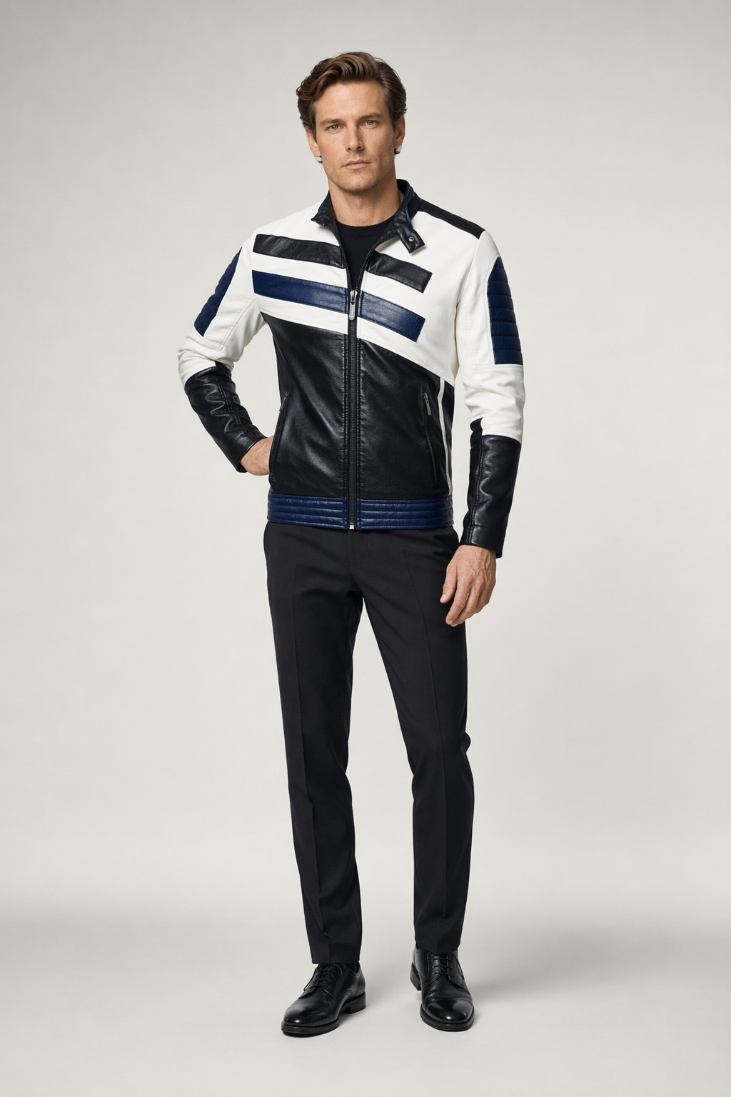 Striped Vegan Leather Biker Jacket for Men Navy
