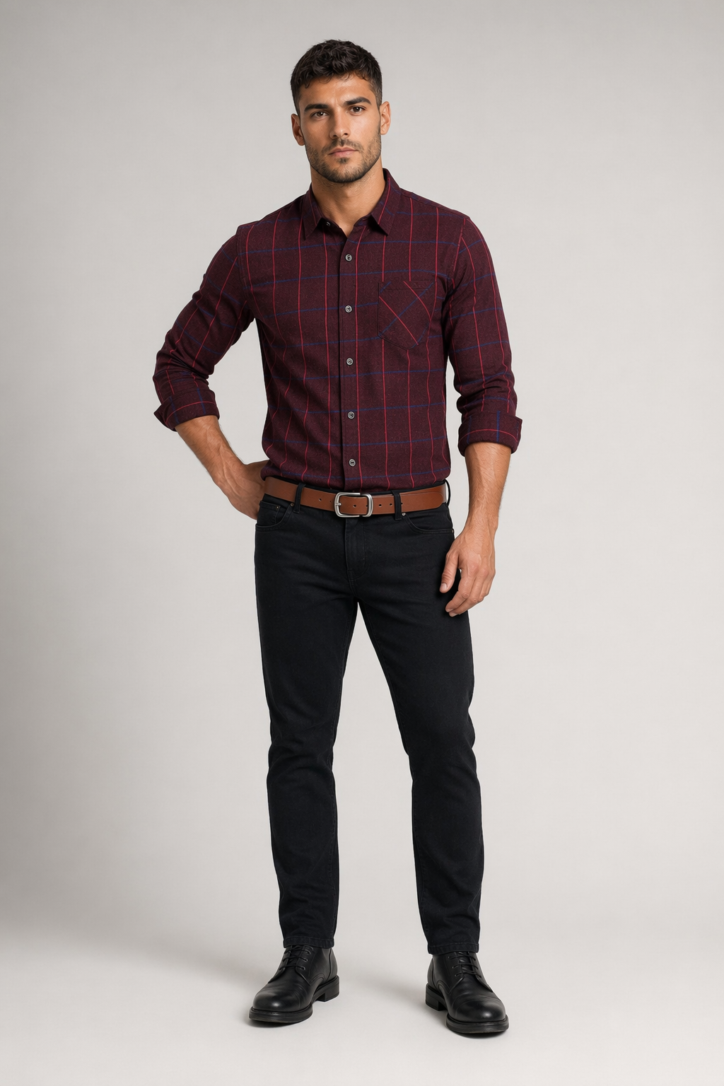 Long Sleeve Plaid Shirt for Men Wine