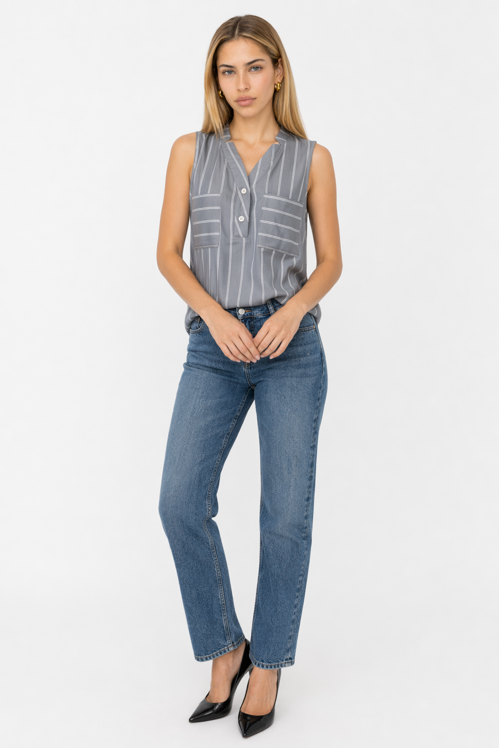 Sleeveless Women's Top with a Flattering V-Neck Design Gray