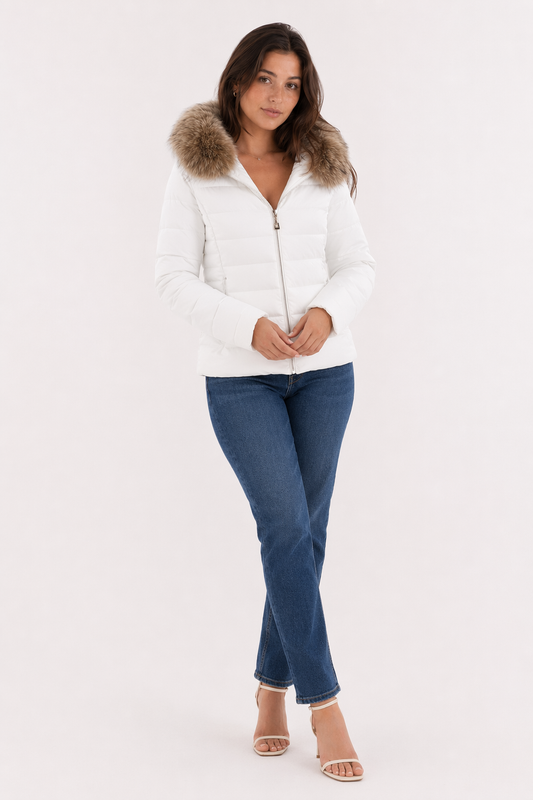 White Slim Fit Winter Hooded Short Zip-Up Jacket for Women Default