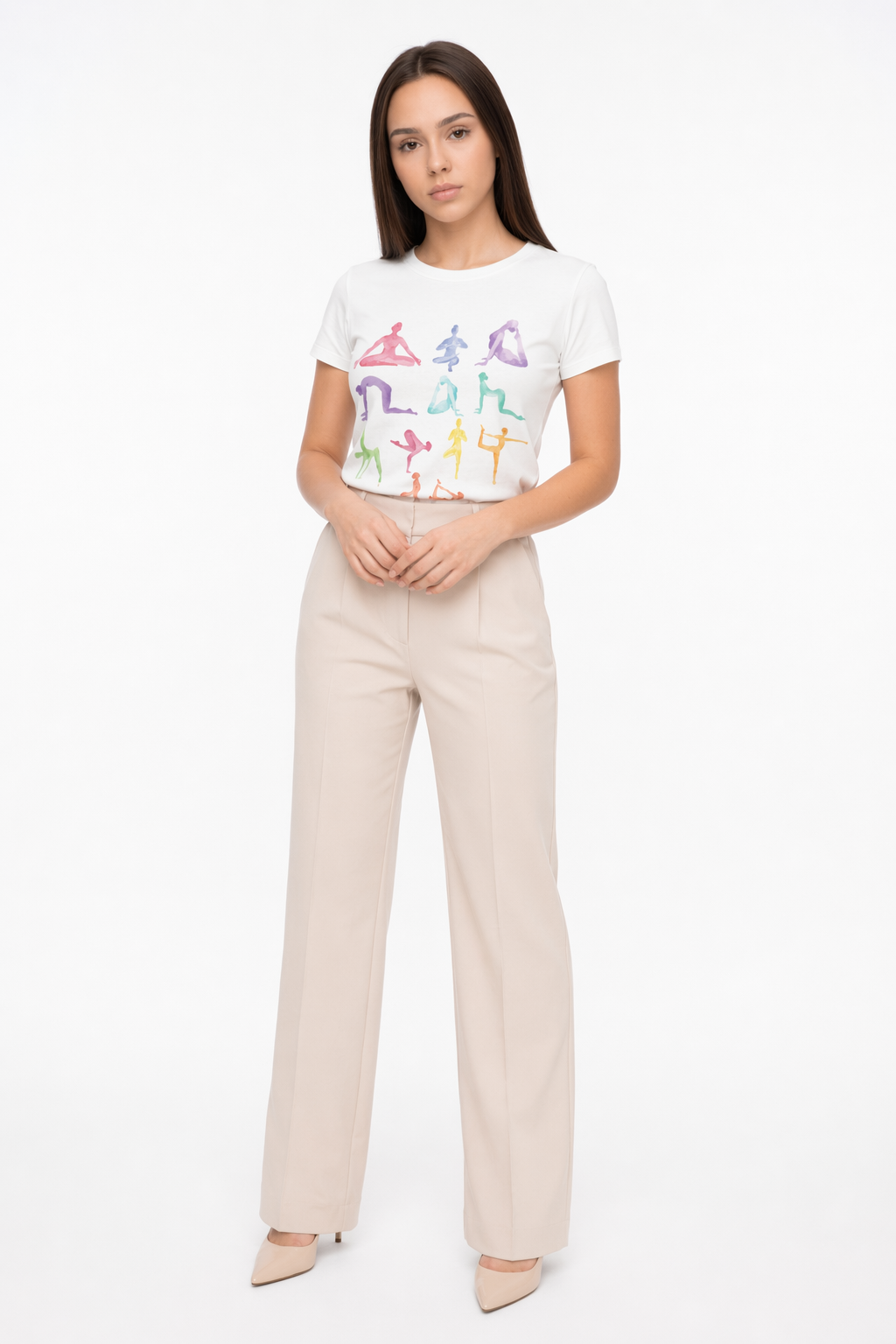 Short Sleeve Tee Featuring Yoga Postures Print White