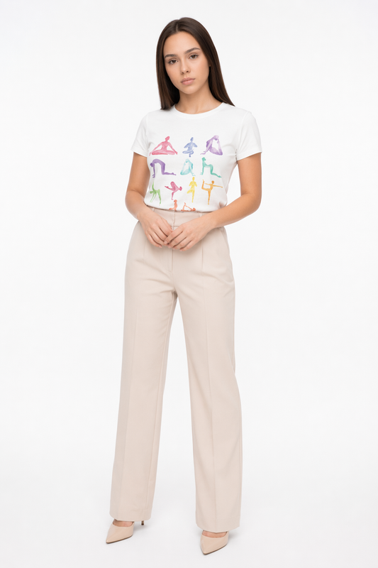 Short Sleeve Tee Featuring Yoga Postures Print White
