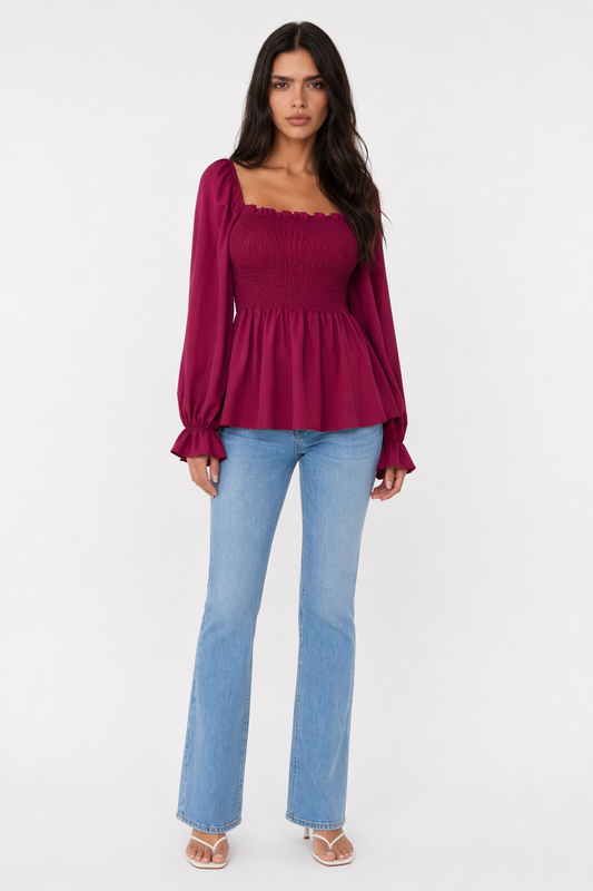 Loose-Fitting Chiffon Blouse for Women Wine