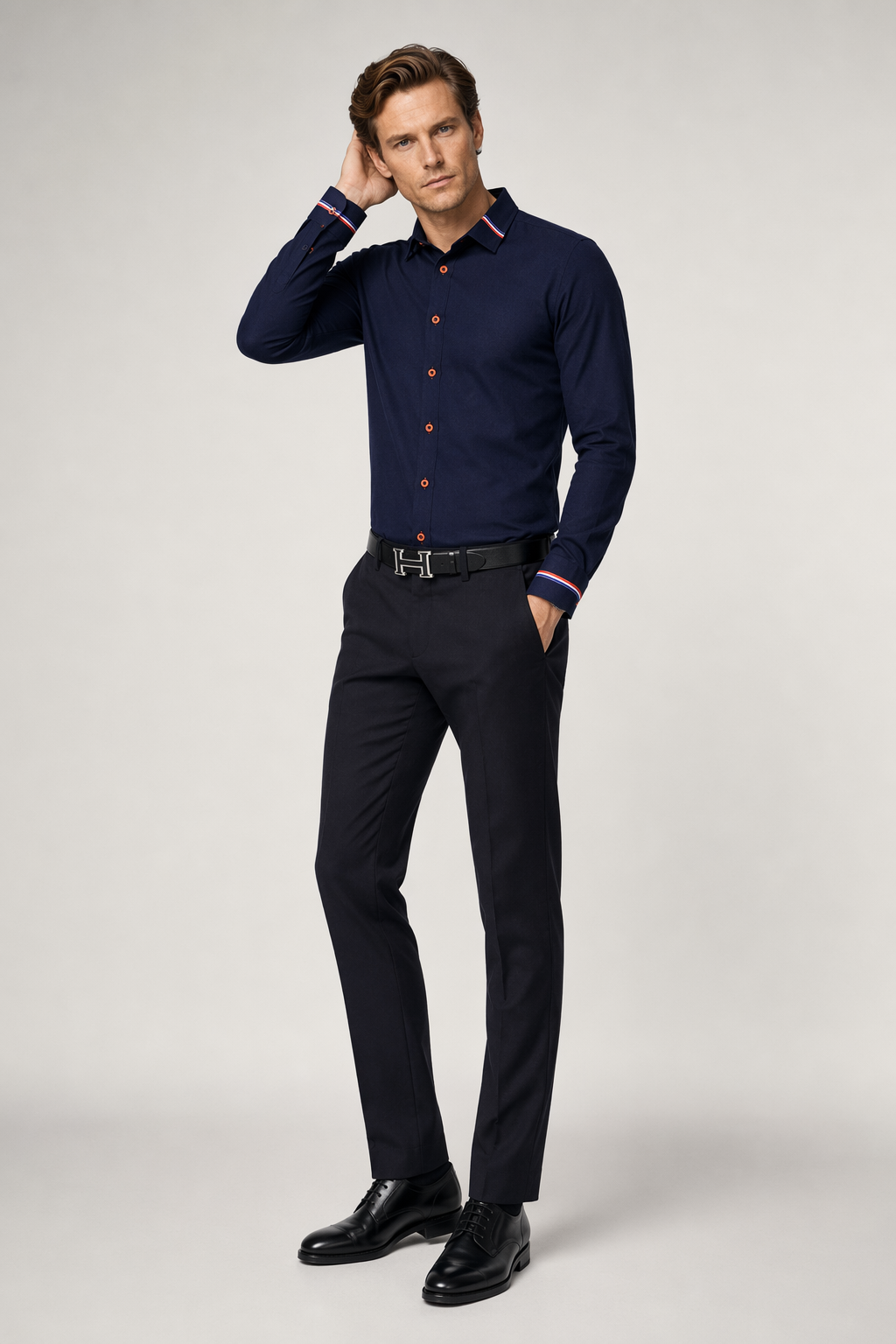 Ribbon Detailed Men's Button-Up Shirt Navy