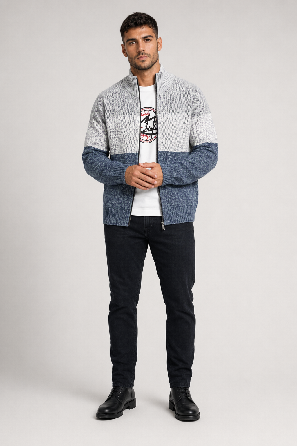 Zip-Up Sweater Jacket for Men's Casual Wear Light Gray