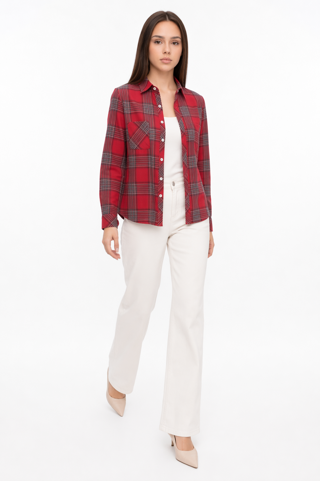 Casual Plaid Long Sleeve Shirt for Women Red Stripe