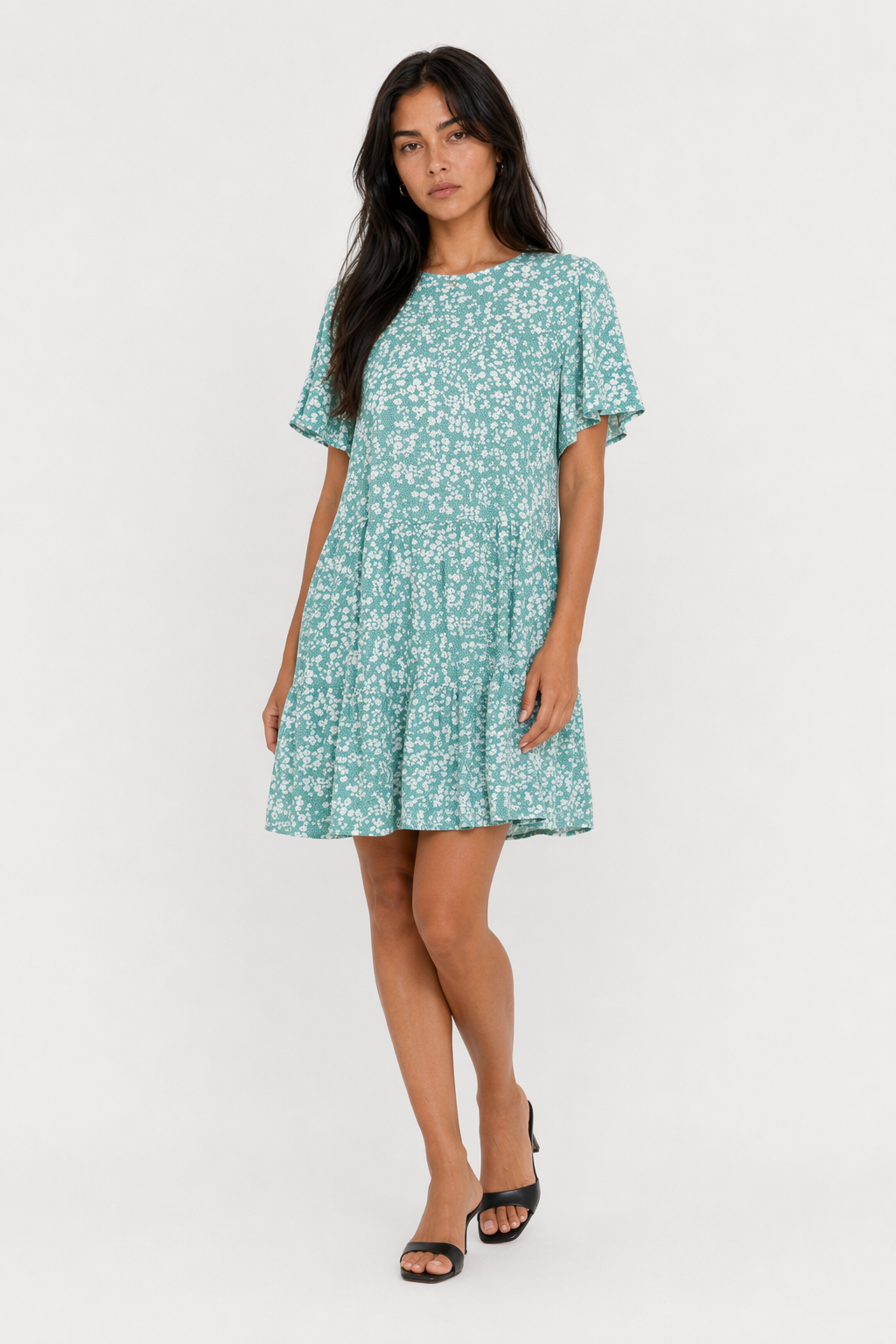 Floral Dress with Frilled Sleeves for Women Green