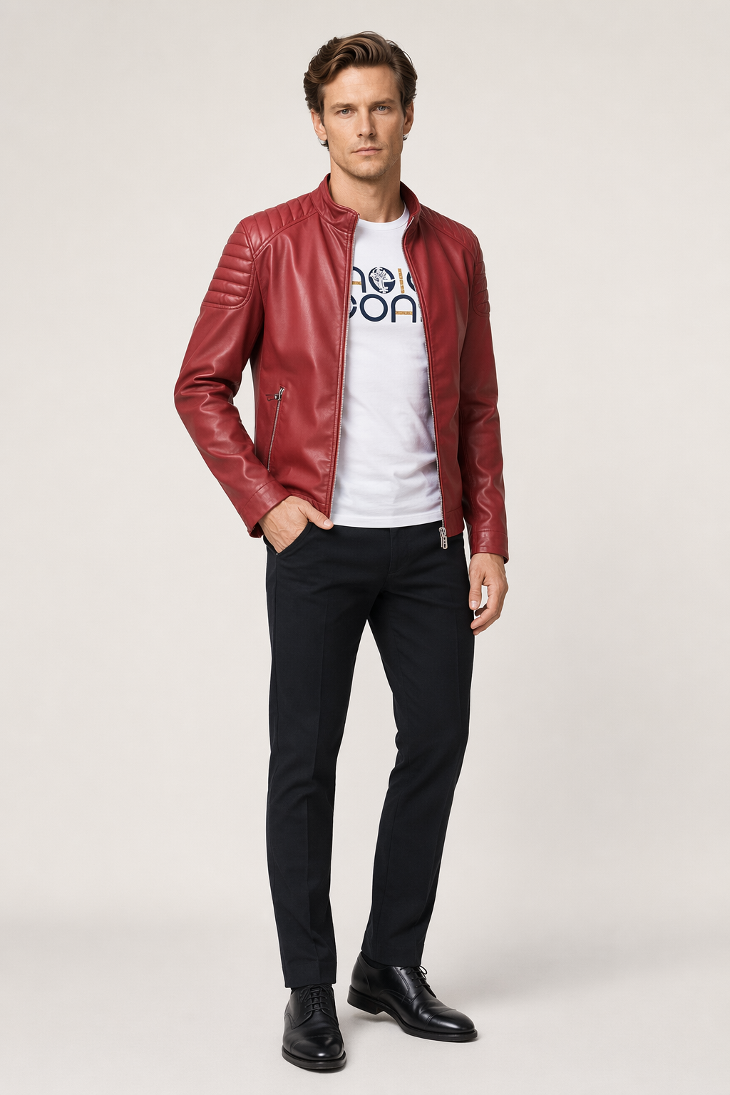 Slim-Fit Red Faux Leather Biker Jacket for Men Default