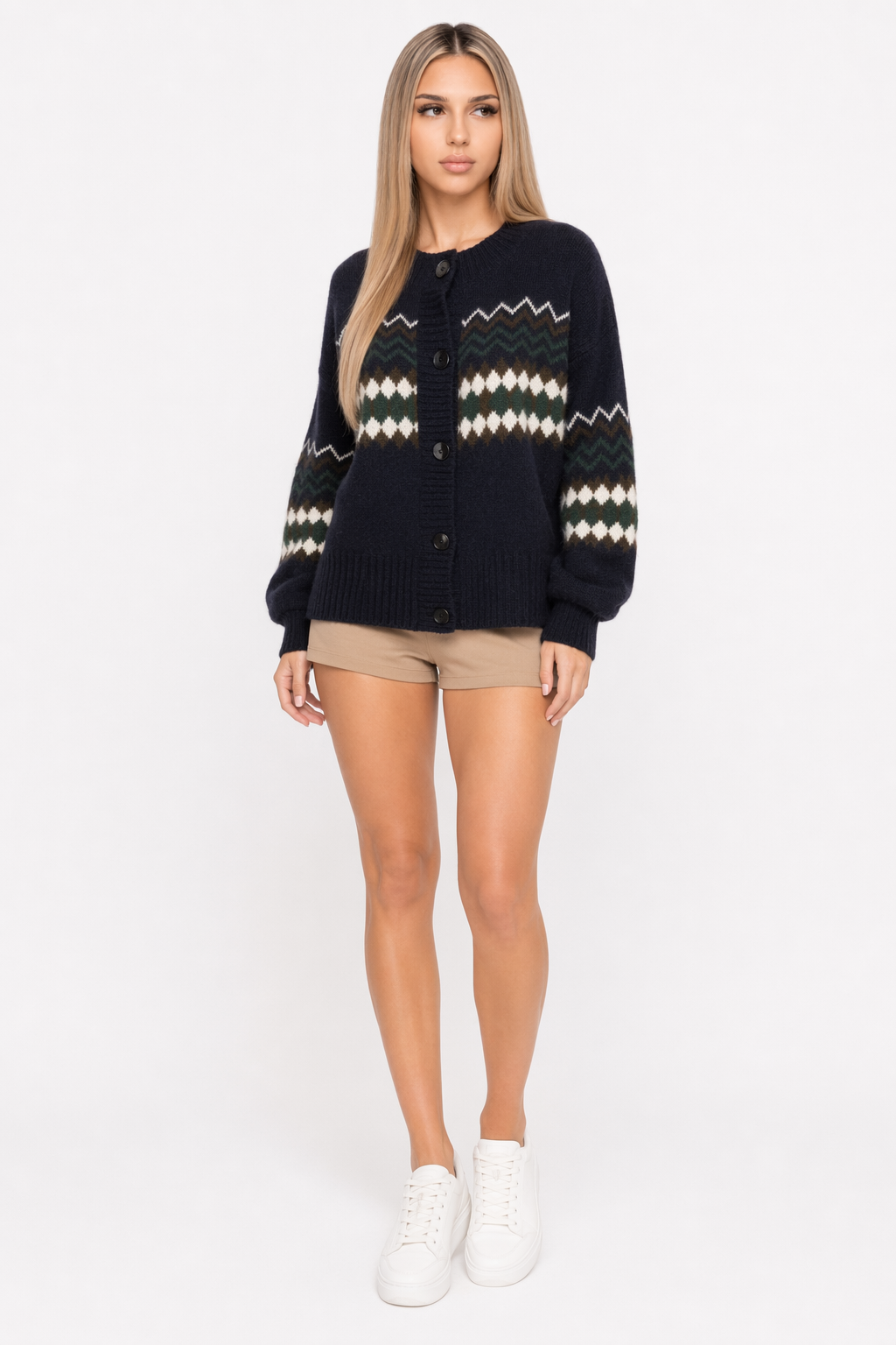 Horizontal Patterned Button-Front Women's Cardigan Navy