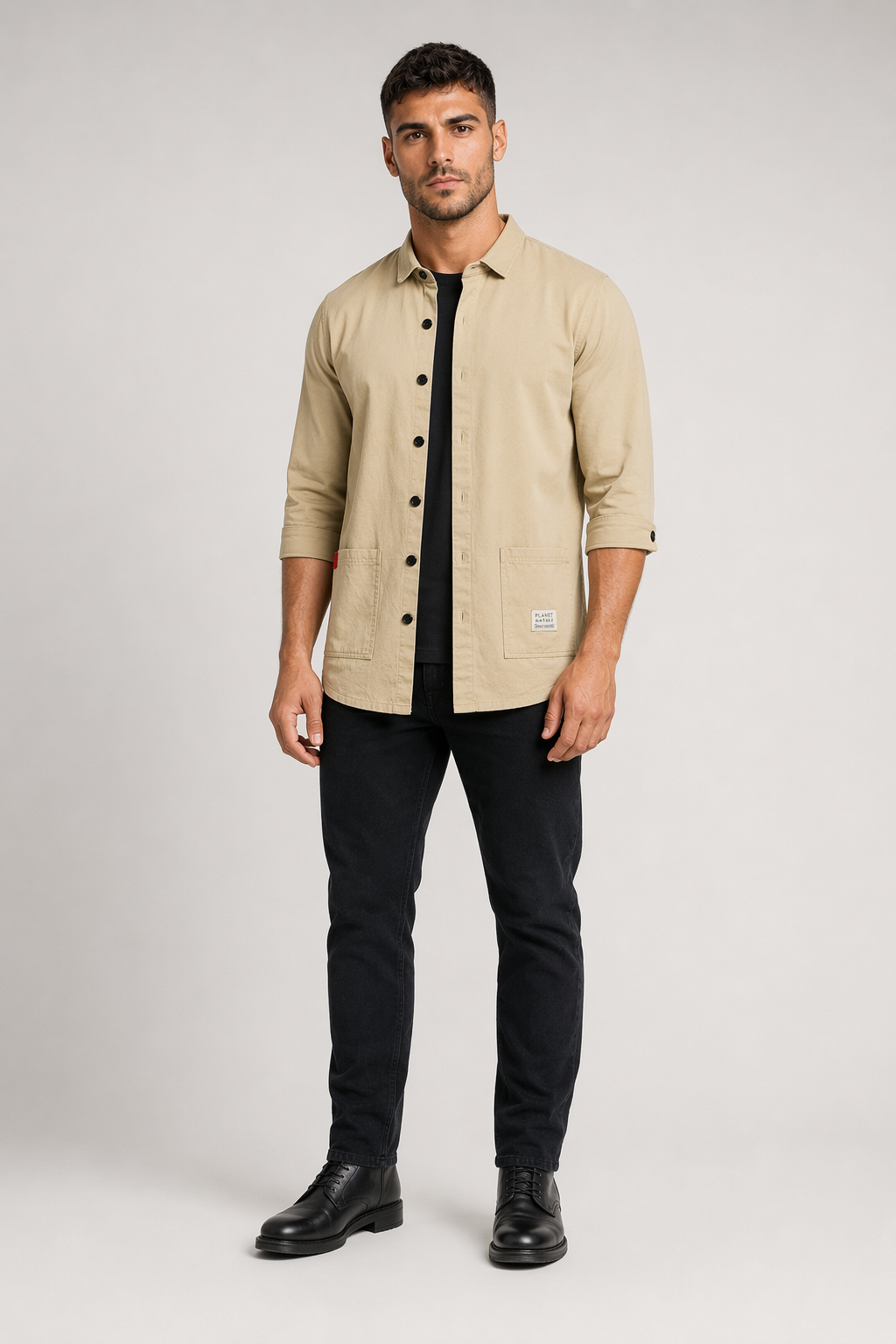 Quarter Sleeve Men's Shirt with Dual Front Pockets Khaki