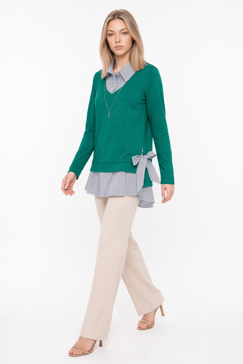 Double Layer Bow-Trimmed Women's Faux Shirt GREEN