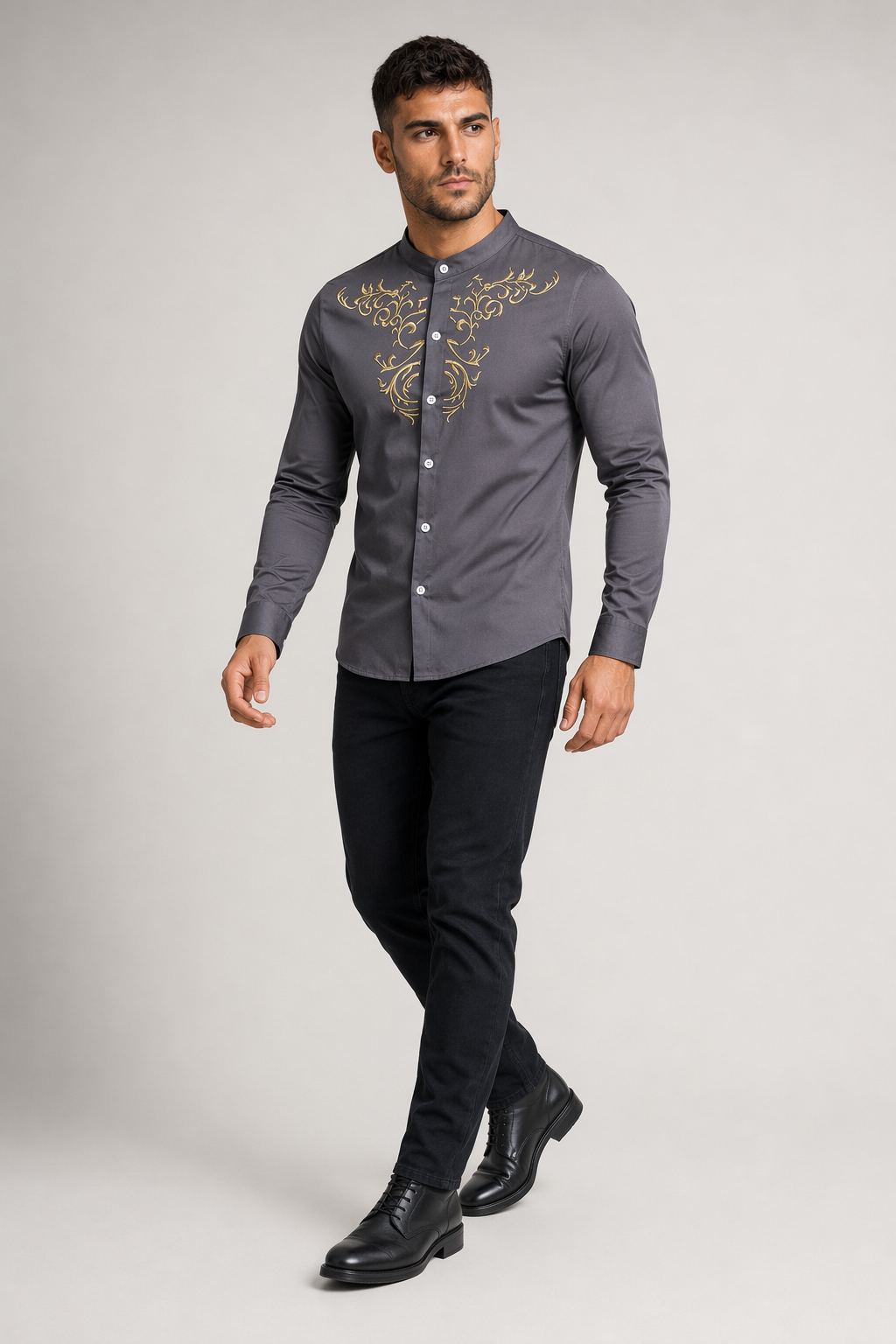 Slim Fit Men's Floral Embroidered Button Down Shirt Gray