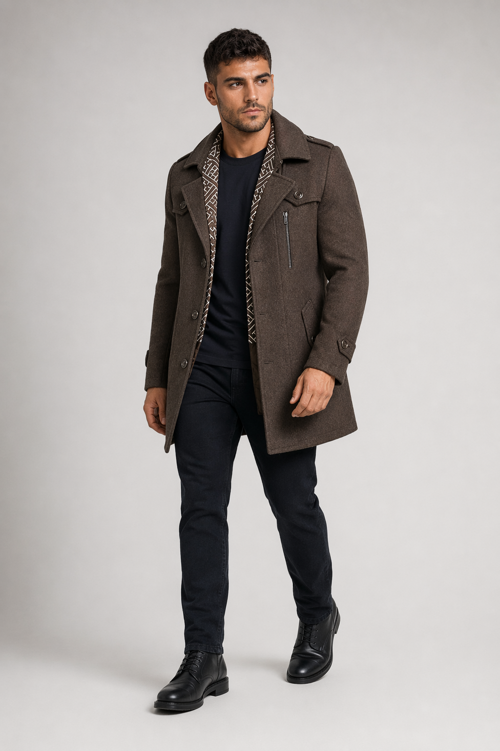 Layered Collar Mid Length Button Front Coat for Men Khaki
